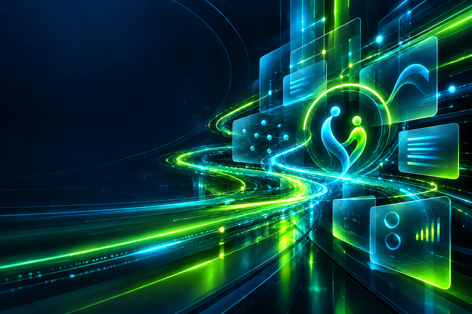 Fast-moving neon data streams connecting an AI-assisted doula business system
